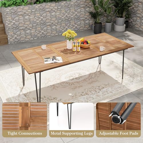 Tangkula 86.5" Large Patio Dining Table for 8, Acacia Wood 8-Person Dining Table with 2" Umbrella Hole & Metal Legs & Adjustable Foot Pads, Rectangular Outside Table for Garden, Poolside & Backyard - size: 86.5"