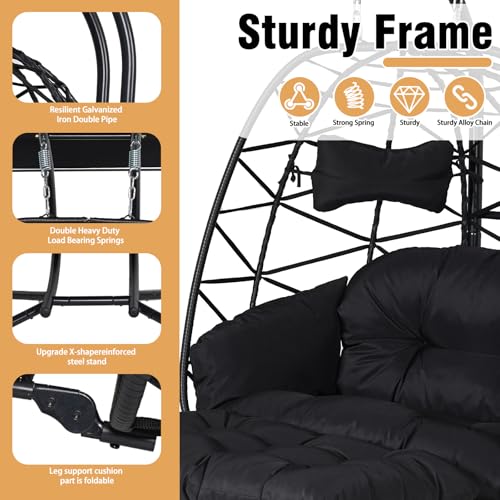 Double Egg Chair Outdoor with Stand & Adjustable Canopy, Extra Large 2 Person Hanging Chair with Leg Rests, Outdoor Egg Chair with Thickened Cushion, 600lbs Capacity for Patio, Garden (Black)