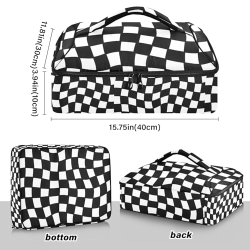 Black and White Checkered Casserole Dish Carrier, Insulated Food Tote Bag for Hot or Cold Dishes, Portable Storage Case for Potluck Picnic Camping Party