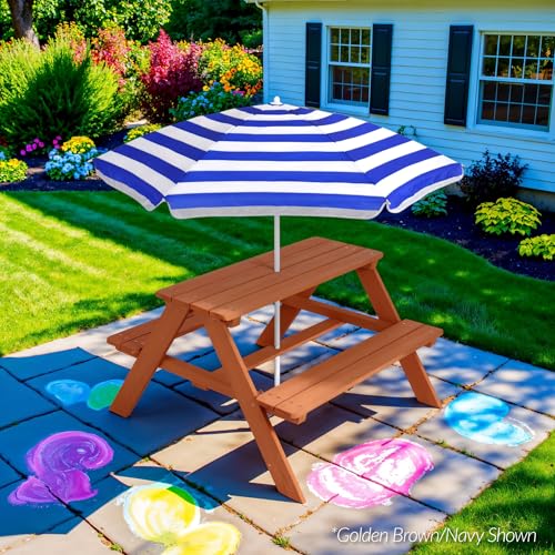 Best Choice Products Wooden Kids Picnic Table with Umbrella, Outdoor Activity Table Set with Built-in Benches, 220 lb Capacity per Bench - Pink - color: Pink