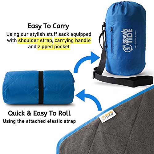 BRAWNTIDE Large Outdoor Waterproof Blanket - Extra Thick Fleece, Warm, Windproof, Sandproof, Quilted, 82" x 55", Ideal for Beaches, Picnics, Camping, Stadiums, Dogs, Car - color: Royal Blue