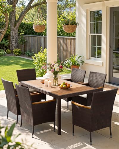 Flamaker 7 Piece Patio Dining Set Outdoor Acacia Wood Table and Chairs with Soft Cushions Wicker Patio Furniture for Deck, Backyard, Garden (Brown) - color: Brown, size: 7 Piece