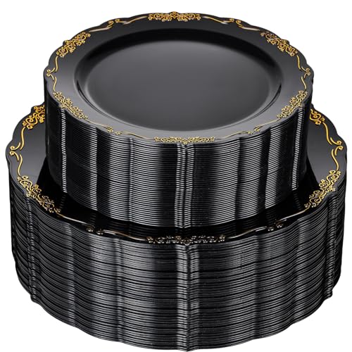 U-QE 100PCS Black and Gold Plastic Plates - Heavy Duty Black Disposable Plates Including 50PCS 10'' Dinner Plates & 50PCS 7.5'' Dessert Plates - Hard Plastic Plates for Party - color: Black/Gold