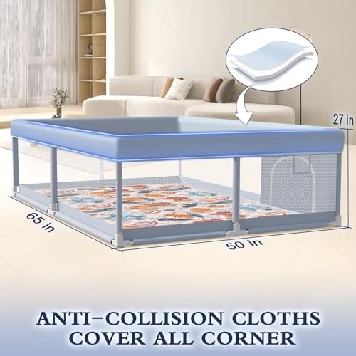 XVISHX 65 x 50 Inch Baby Playpen with Mat, Playpen for Babies and Toddlers, Baby Play Pen Playard for Indoor & Outdoor Active Center Game Fence, Skin-Friendly Fabric and Soft Breathable Mesh, Grey - size: 65 × 50 Inch + MAT