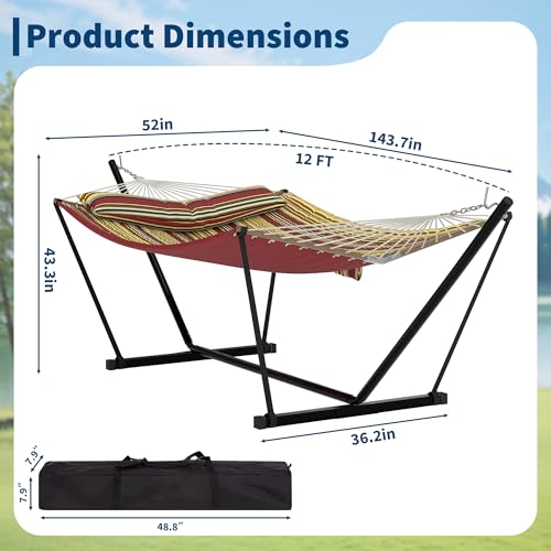 2 Person Double Hammock with Adjustable Steel Stand & Pillow, Heavy Duty Portable Outdoor Hammock Set, MAX 450 LBS Weight Capacity for Patio, Garden, Beach, Backyard - color: V-wine Red & Brown-yellow Striped