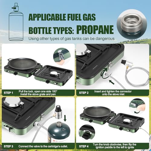 Portable Camping stove, 2 Burner Foldable Camping Stove with Griddle and Carrying Bag & Hose, 8600BTU Portable Propane Camp Stove with Ignition & 2 Adjustable Burners,for Camping Tailgating BBQ Grill - color: Green