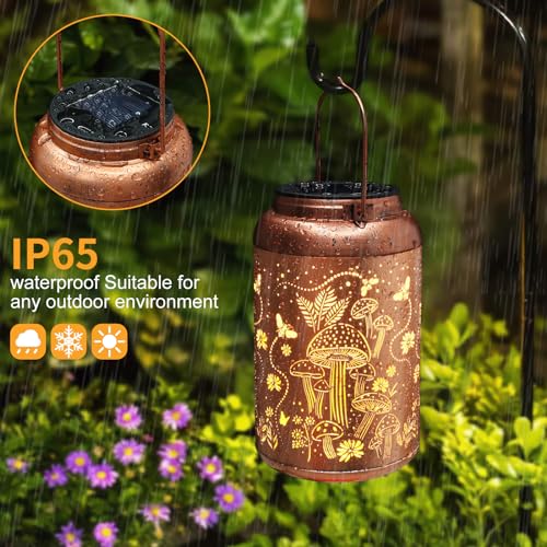 Solar Lanterns Outdoor Waterproof Bee Mushroom Decoration Gifts for Women Mon Grandma Hanging Solar Lights for Outside Metal LED Lanterns for Yard, Patio, Garden Decor - style: Mushroom