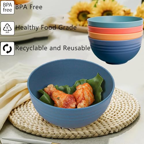 Unbreakable Wheat Straw Cereal Bowls Set of 4, 24 OZ Microwave and Dishwasher Safe Lightweight Soup and Salad Bowl Sets, Reusable Dessert Bowls for Rice, Pasta, Snack, Fruit, BPA Free (4 Colors) - color: 4 Colors