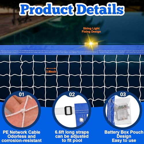 15 x 3FT Pool Volleyball Net with Light and Storage Bag,Adjustable Length 15ft-27ft Portable Pool Volleyball Net Replacement for Inground Pools,Light Up Pool Party Badminton Net for Backyard,Beach