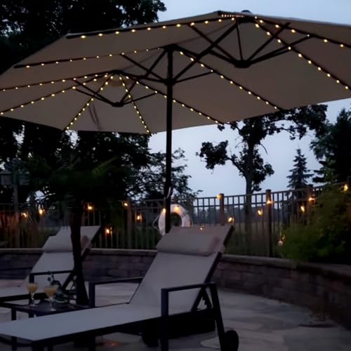 PURPLE LEAF 15ft Patio Market Umbrella with Solar LED and Base Double-Sided Rectangle Outdoor Table Sun Umbrellas with Crank for Pool Beach Deck Backyard Khaki - color: Beige, size: 15' X 9' with Lights