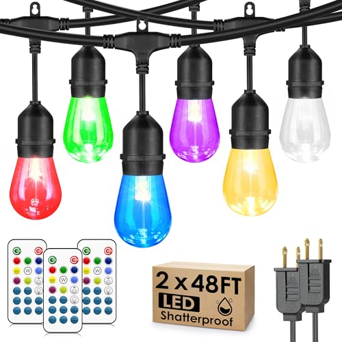 Larkvue 96FT(2X48FT) RGBW Outdoor String Lights with Remote, Patio Lights with 30+3 Vintage S14 Dimmable Waterproof Bulbs for Xmas Bistro Cafe Outside - color: Black