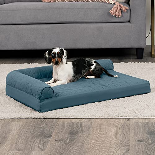 Furhaven Cooling Gel Dog Bed for Medium/Small Dogs w/ Removable Bolsters & Washable Cover, For Dogs Up to 35 lbs - Pinsonic Quilted Paw L Shaped Chaise - Bluestone, Medium - color: (Quilted Paw) Bluestone, size: Medium