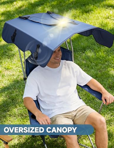 East Oak Camping Chair with Canopy | 25" High Back Folding Beach Chair with Canopy Shade, Supportive Headrest, Cup Holder, Side Pocket, 330 lbs Heavy Duty Canopy Chair for Outdoors - color: Blue, style: Camp Chair