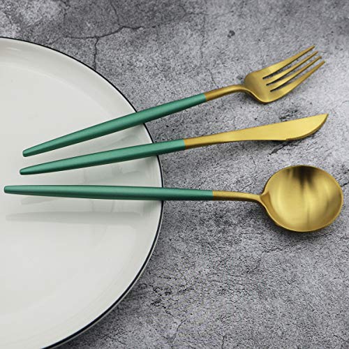 20-Piece 18/10 Stainless Steel Flatware Silverware, Luxury Dinnerware Set Travel Cutlery Tableware Include Knife Fork Spoon Service for 4, Dishwasher Safe (Green Handle Matte Gold) - color: Green Handle Gold, size: Service for 4