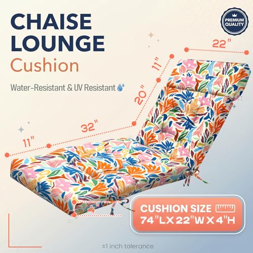 MAGIC ELEPHANT Chaise Lounge Cushion Outdoor, Memory Foam Patio Lounge Chair Cushion with Ties for Outdoor Furniture, 74 x 22 x 4 Inch (Multicolor Leaves) - color: Multicolor Leaves