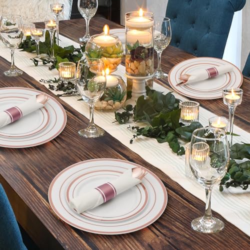 Goodluck 175 Piece Rose Gold Plastic Dinnerware Set for 25 Guests, Fancy Disposable Plates for Party, Include: 25 Dinner Plates, 25 Dessert Plates, 25 Pre Rolled Napkins with Silverware, 25 Cups - color: Rose Gold, style: 175 Piece (25 guests)