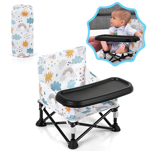 Toddler Booster Seat for Kitchen Chair & Travel - Portable Foldable with Removable Tray, Baby Camping Chair 6-36 Months Indoor Outdoor (White Cloud Design) - color: Little Sun Baby Seat