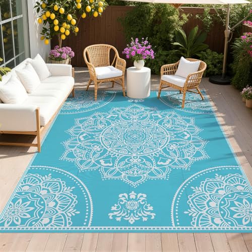 Pauwer Waterproof Outdoor Rug 8x10, Reversible Plastic Straw Patio Camping Rug, Indoor Outdoor RV Mat Carpet for Deck, Camper, Porch, Balcony, Backyard, Picnic, Floral Teal - color: Floral Teal, size: 8' x 10' (Rectangular)