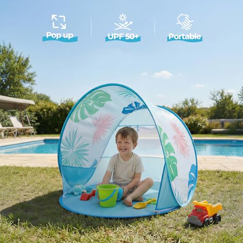 Pop Up Baby Beach Tent - Baby Tent for Toddler Beach Essentials with UPF 50+ UV Protection Canopy, Portable 41.4 x 35.5 x 31.5 in Sun Shade Summer Outdoor for Infants (Tropical Leaves) - color: Tropical Leaves