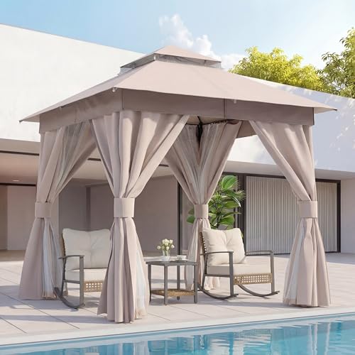 LAUSAINT HOME Gazebo 8x8ft, Heavy Duty Patio Gazebo with Expansion Bolts, Party Canopy Tent with Double Roofs, Mosquito Nettings and Privacy Screens for Backyard, Garden, Lawn, Khaki - color: Khaki, size: 8'x8'