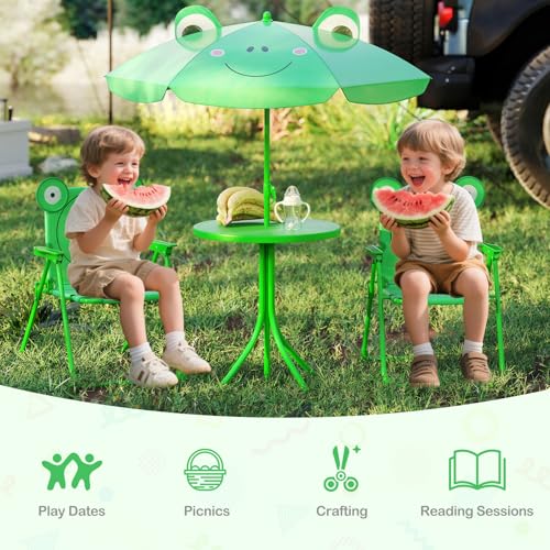 KOTEK Kids Picnic Table with Umbrella, Outdoor Table & 2 Folding Chairs, Cute Pattern Children’s Patio Furniture, Portable Kids Table and Chair Set for Backyard, Garden, Beach (Green) - color: Green Frog