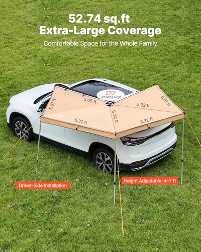 VEVOR 270 Degree Awning, 52 sq.ft Driver Side Vehicle Awning, Waterproof UV50+ Car Side Awnings with Carry Bag, All-Weather Free-Standing Overland Awnings Car Shelter for SUV Van Truck Camping - color: Khaki 270° 10.5*5.3ft Car Awning