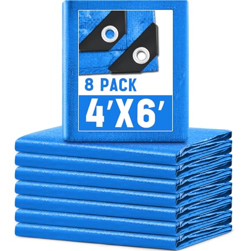 8 Pack 4 x 6 ft 5.5 Mil Small Tarps Heavy Duty Waterproof Tarp Multi Purpose Tent Cover for Home Boats Cars Camping Patio Furniture Roof Emergency Rain Protective Cover, Blue - color: Blue, size: 4 x 6 ft