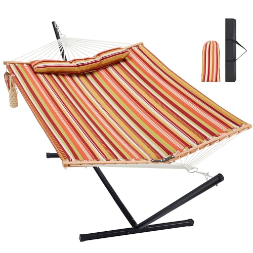 Homgava Two Person Hammock with Stand for Outside Heavy Duty, Outdoor Patio Hammock with Portable Steel Stand, Large Double Hammocks,480lbs Capacity.(Red) - color: Red
