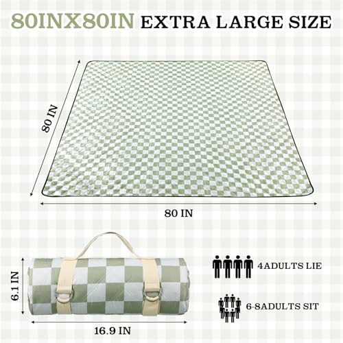 Nuanchu Checkered Picnic Blanket Extra Large Outdoor Blanket Sandproof 80"x80" Waterproof Portable Machine Washable 3 Layer Thick Gingham Picnic Mat for Beach Camping Park Grass Travel(Grass Green) - color: Grass Green
