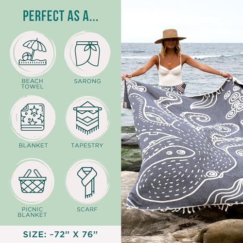 Sand Cloud Extra Large Turkish Beach Towel - Sand Free - 100% Organic Turkish Cotton Yarn - Quick Dry Towel for Beach, Picnic, Blanket or Bath - As Seen on Shark Tank - Marine Life (Ozy) - color: Ozy, size: X-Large