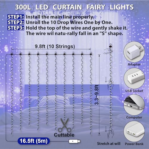HXWEIYE 300LED Fairy Curtain Lights, 9.8x9.8Ft USB Plug-in 8 Modes Christmas String Hanging Lights with Remote for Bedroom Backdrop Wedding Indoor Wall Decor, Blue, Standard – 1 Pack - color: Blue, size: Standard – 1 Pack
