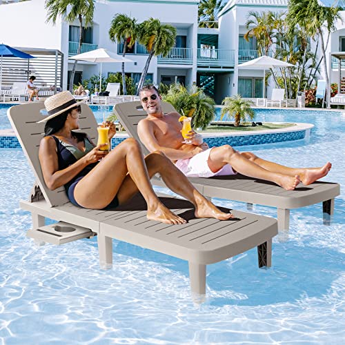 WACASA Outdoor Chaise Lounge Chairs Set of 2, Oversized Lounge Chairs with 5-Level Adjustable Backrest & Cup Holder, Resin Waterproof Pool Lounge Chair for Poolside, Patio, Beach, Yard, Gray - color: Grey, size: Set of 2