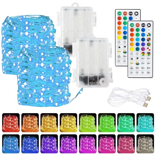 Dazzle Bright Color Changing Fairy Lights Battery Operated, 2 Pack Total 40FT 120LED Silver Copper Wire RGB String Lights with Remote, Waterproof Halloween Decorations for Indoor Outdoor Party Decor - color: RGB Color Changing