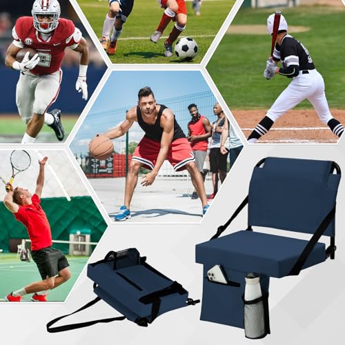 2pcs Stadium Seat for Bleachers with Back Support，Portable Bleacher Chairs with Back and Cushion，Includes Shoulder Strap and Cup Holder - color: Navy,2 Pack