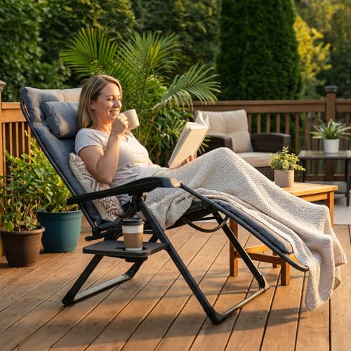 EVER ADVANCED Thick Padded Zero Gravity Chair, Oversized Reclining Lounge Chair with Adjustable Headrest & Cup Holder, Heavy Duty Support 350 lbs, Foldable for Camping, Lawn, Outdoor & Indoor - color: Grey, style: 1 Pack