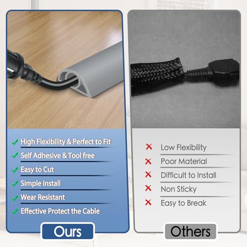 Floor Cord Cover for Wires on Floor Self Adhesive Cord Hider Floor Cable Management Wire Covers for Cords Protector Prevent Cable Trips Cord Cavity W 0.32" x H 0.32", Gray, 10Ft - color: Gray, size: 0.78 In x 10 Ft