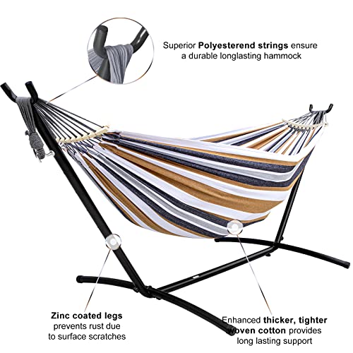 SZHLUX Double Hammock with Stand Included 450lb Capacity Steel Stand, Premium Carry Bag Included and Two Anti Roll Balance Beam, Portable Hammock with Stand for Backyard, Camping,Garden Brown Stripes - color: Coffee