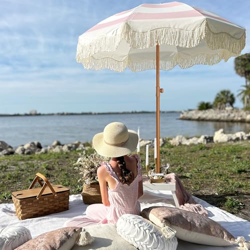AMMSUN Boho Fringe Umbrella Outdoor Patio, 6.5ft UPF50+ Picnic Umbrella with Tassels with Steel Pole and Push Button Tilt, Pink Stripes - color: Pink Stripes