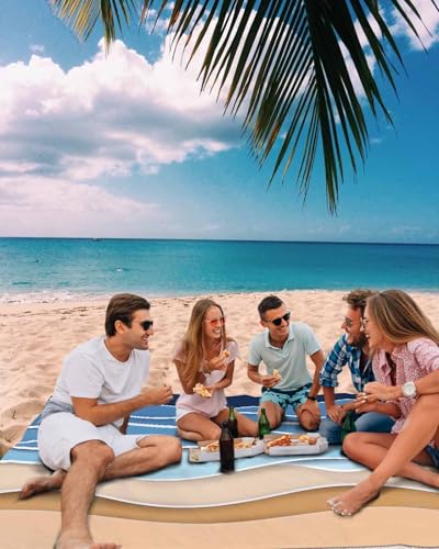 Beach Blanket Sandproof Oversized 108" x 84" Blue Brown Waterproof Quick Drying Sand Free Mat Ocean Beach Striped Texture Picnic Blankets for Outdoor Travel Camping Hiking Park - color: Light Sky Blue, size: 108''x84''