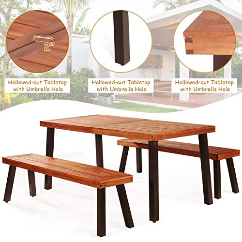 Giantex Patio Dining Table Set with 2 Benches, Outdoor Picnic Table Set with Umbrella Hole, Acacia Wood Patio Seating and Rectangular Table for Backyard, Garden, Lawn (Rustic Brown)