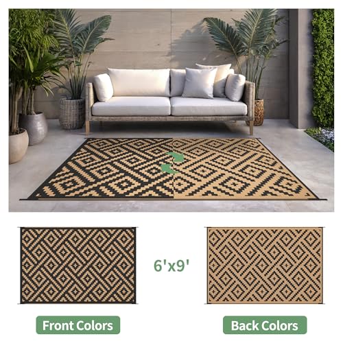 sarben Outdoor Rug for Patio - Waterproof Plastic Straw Camping Rugs 6x9 ft, Reversible Outdoor Indoor RV Mat Carpet for Patio, Porch, Deck, Balcony, Picnic, Beach, Black Brown - color: Black&brown, size: 6' x 9' (Rectangular)