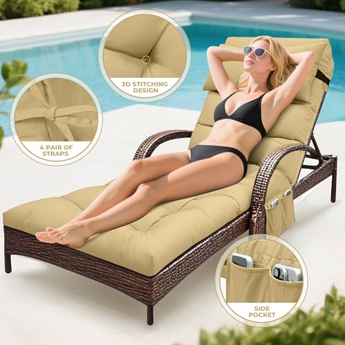 Outdoor Chaise Lounge Chair Cushion, Waterproof Outdoor Chair Cushions for Patio Furniture, 71 x 21 x 4 Inches Replacement Chaise Lounge Cushion with Ties (Khaki) - color: Kakhi
