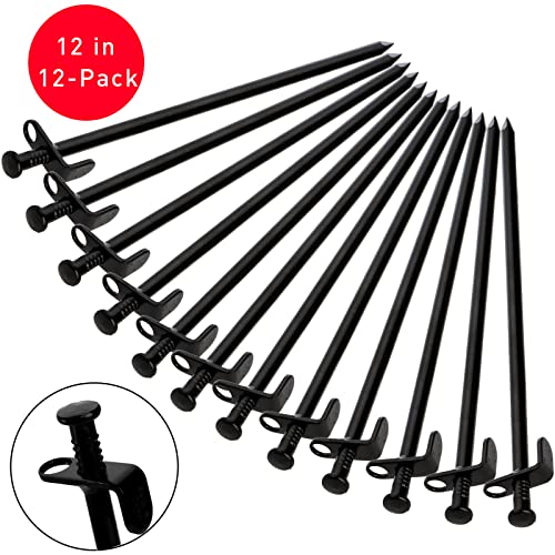 Lawei 12 Pack Tent Stakes, 12 Inch Heavy Duty Forged Steel Tent Pegs, Metal Camping Tarp Pegs Stakes for Outdoor Camping Canopy Trip, Unbreakable and Inflexible, Black