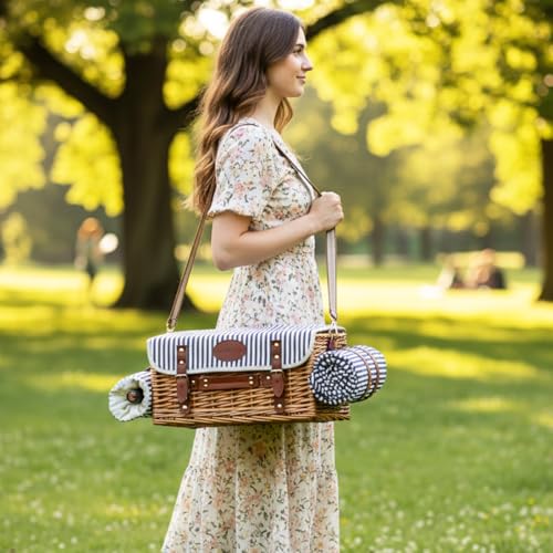 Multifunctional Wicker Picnic Basket Set for 4 with Blanket and Picnic Table, Insulated Picnic Set with Full Tablewares for Camping Outdoor Couples, Stripes - color: Stripes With Blanket &Table for 4