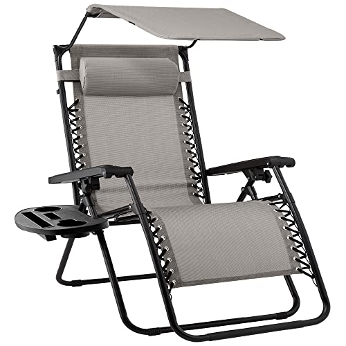 Best Choice Products Folding Zero Gravity Outdoor Recliner Patio Lounge Chair w/Adjustable Canopy Shade, Headrest, Side Accessory Tray, Textilene Mesh - Ice Gray - color: Ice Gray, size: Standard