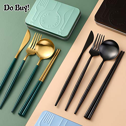Portable & Reusable Stainless Steel Travel Cutlery Set，Folding Utensil Set with Case ，for Camping, Picnic, Office and On-The-Go (Pocket Sized Flatware Set) (Black) (Gold Green)