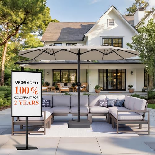 GDPFN 15FT Large Patio Umbrella with Base Included, Outdoor Deck Standing Umbrella with Crank Handle, Double-Side Rectangular Pool Umbrella for Outside, Market, Patio, Beige - color: Beige, size: With Base-no Led