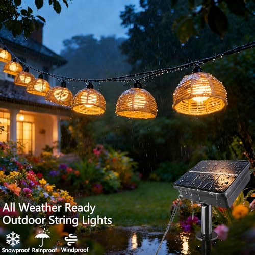 TWINKVILLA Solar Rattan String Lights Outdoor, 16FT 16 LED Half-Globe Hemisphere Wicker Lanterns, IP65 Waterproof Solar Powered Patio Lights, Boho Decorative Hanging Lighting for Garden Porch Wedding