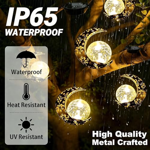 Hanging Solar Lights Outdoor Lanterns Garden Decorations, 2 Pack Moon Lights with Cracked Glass Globes Outside Decor for Backyard Balcony Patio Tree ,Unique Mother's Day Gifts for Women Mom