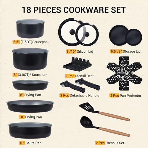 Ammeloo 18-Piece Ceramic Pots and Pans Set Non Stick, Non Toxic Cookware Set with Removable Handles, Pot Sets for Cooking, Induction Ready, Dishwasher & Oven Safe, PFAS PFOA & PTFE Free (Black) - color: Black